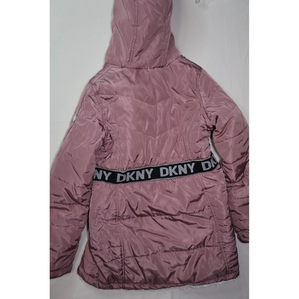 DKNY Women Mauve Pink Puffer Jacket Faux Fur Lined Hooded Logo Waist Coat - Picture 5 of 8